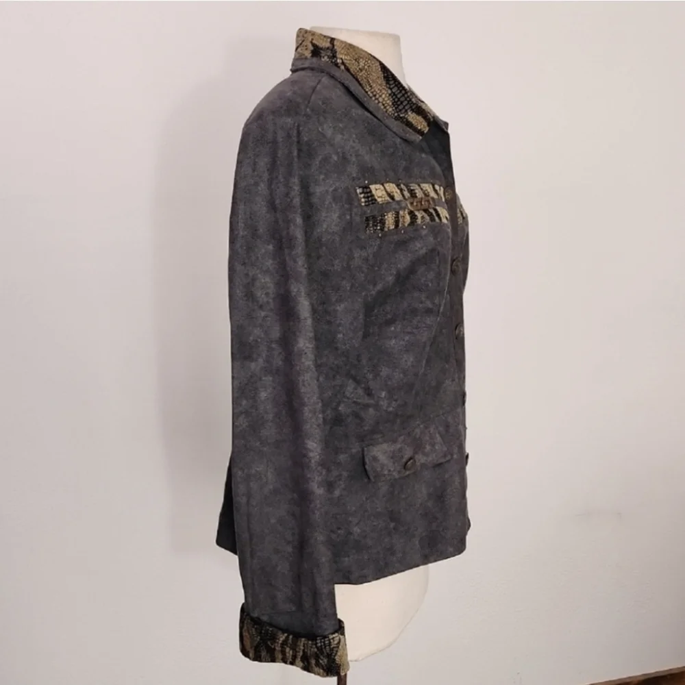 Nancy Bolen Jacket Faux Suede with Animal Print Accents Green Plus Size 14